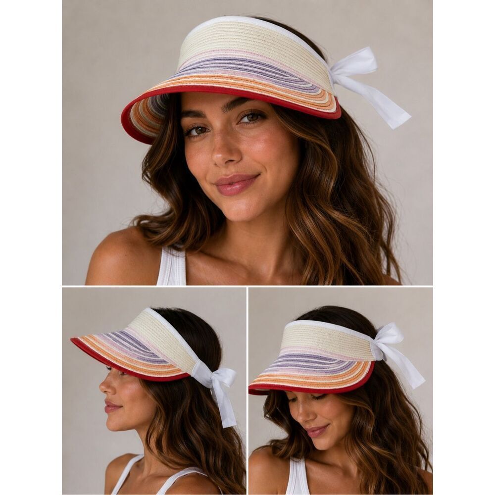 SERRA Rainbow Stripe Wide Brim Sun Visor Hat One Size Tie Back